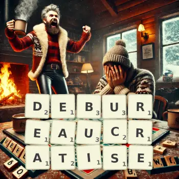 Illustration créative d'un jeu de lettres avec le mot DEBUREAUCRATISE épelé sur le plateau.