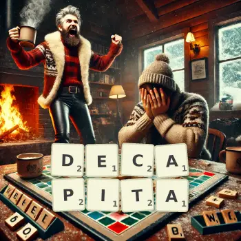 Illustration créative d'un jeu de lettres avec le mot DECAPITA épelé sur le plateau.