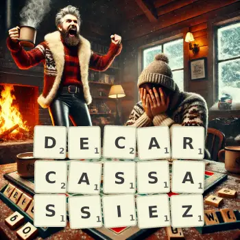 Illustration créative d'un jeu de lettres avec le mot DECARCASSASSIEZ épelé sur le plateau.
