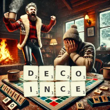 Illustration créative d'un jeu de lettres avec le mot DECOINCE épelé sur le plateau.