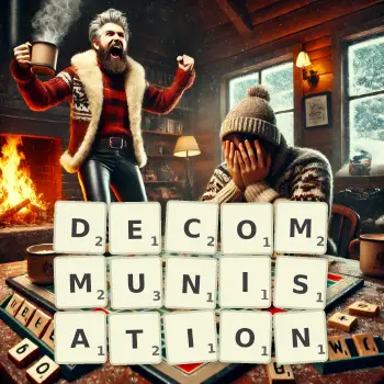 Illustration créative d'un jeu de lettres avec le mot DECOMMUNISATION épelé sur le plateau.