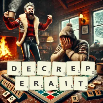 Illustration créative d'un jeu de lettres avec le mot DECREPERAIT épelé sur le plateau.