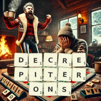 Illustration créative d'un jeu de lettres avec le mot DECREPITERONS épelé sur le plateau.
