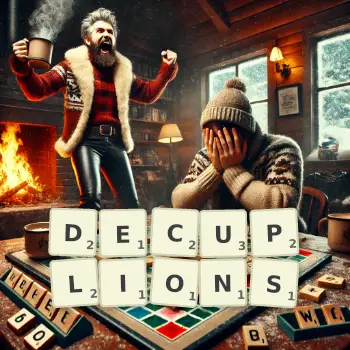 Illustration créative d'un jeu de lettres avec le mot DECUPLIONS épelé sur le plateau.
