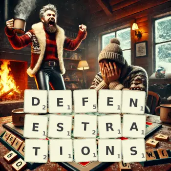 Illustration créative d'un jeu de lettres avec le mot DEFENESTRATIONS épelé sur le plateau.