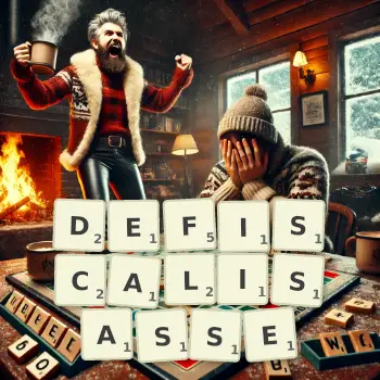 Illustration créative d'un jeu de lettres avec le mot DEFISCALISASSE épelé sur le plateau.