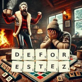 Illustration créative d'un jeu de lettres avec le mot DEFORESTEZ épelé sur le plateau.