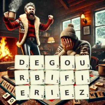 Illustration créative d'un jeu de lettres avec le mot DEGOURBIFIERIEZ épelé sur le plateau.