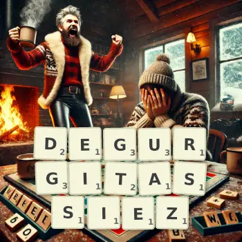 Illustration créative d'un jeu de lettres avec le mot DEGURGITASSIEZ épelé sur le plateau.