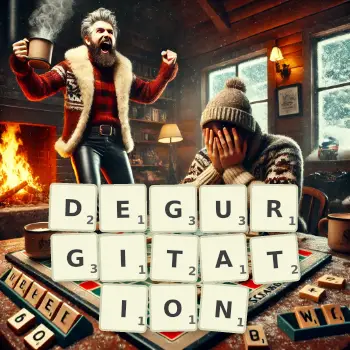 Illustration créative d'un jeu de lettres avec le mot DEGURGITATION épelé sur le plateau.