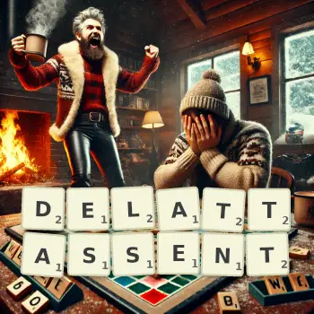 Illustration créative d'un jeu de lettres avec le mot DELATTASSENT épelé sur le plateau.