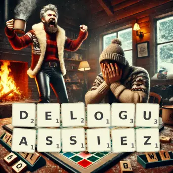 Illustration créative d'un jeu de lettres avec le mot DELOGUASSIEZ épelé sur le plateau.