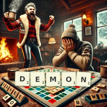 Illustration créative d'un jeu de lettres avec le mot DEMON épelé sur le plateau.