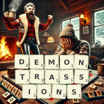 Illustration créative d'un jeu de lettres avec le mot DEMONTRASSIONS épelé sur le plateau.