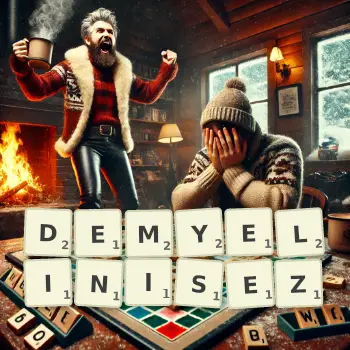 Illustration créative d'un jeu de lettres avec le mot DEMYELINISEZ épelé sur le plateau.