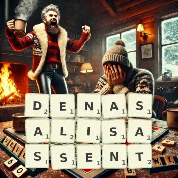 Illustration créative d'un jeu de lettres avec le mot DENASALISASSENT épelé sur le plateau.