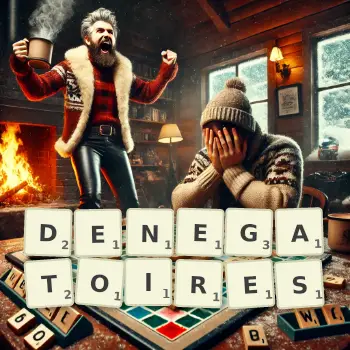 Illustration créative d'un jeu de lettres avec le mot DENEGATOIRES épelé sur le plateau.