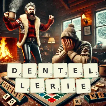 Illustration créative d'un jeu de lettres avec le mot DENTELLERIE épelé sur le plateau.