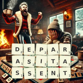 Illustration créative d'un jeu de lettres avec le mot DEPARASITASSENT épelé sur le plateau.