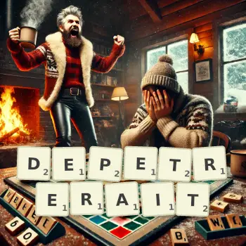 Illustration créative d'un jeu de lettres avec le mot DEPETRERAIT épelé sur le plateau.