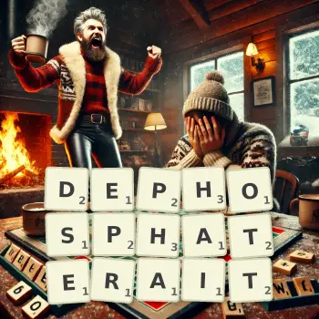 Illustration créative d'un jeu de lettres avec le mot DEPHOSPHATERAIT épelé sur le plateau.