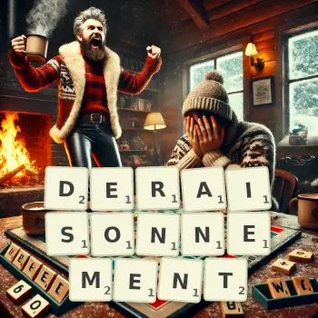 Illustration créative d'un jeu de lettres avec le mot DERAISONNEMENT épelé sur le plateau.