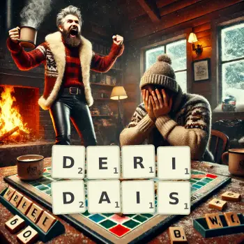 Illustration créative d'un jeu de lettres avec le mot DERIDAIS épelé sur le plateau.