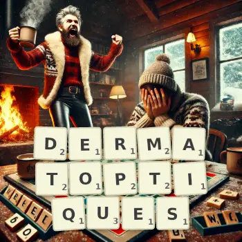 Illustration créative d'un jeu de lettres avec le mot DERMATOPTIQUES épelé sur le plateau.