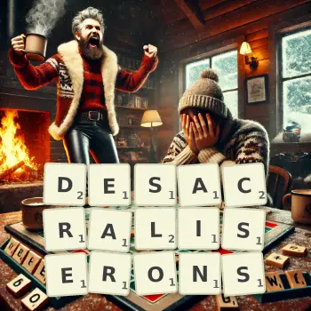 Illustration créative d'un jeu de lettres avec le mot DESACRALISERONS épelé sur le plateau.