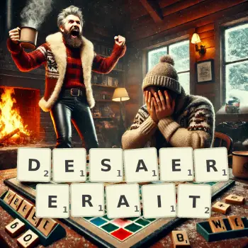 Illustration créative d'un jeu de lettres avec le mot DESAERERAIT épelé sur le plateau.