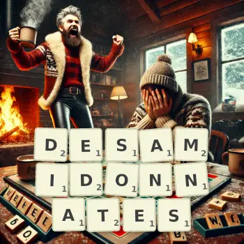 Illustration créative d'un jeu de lettres avec le mot DESAMIDONNATES épelé sur le plateau.
