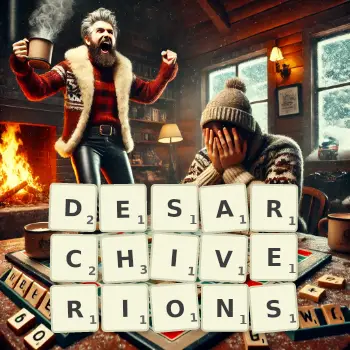 Illustration créative d'un jeu de lettres avec le mot DESARCHIVERIONS épelé sur le plateau.