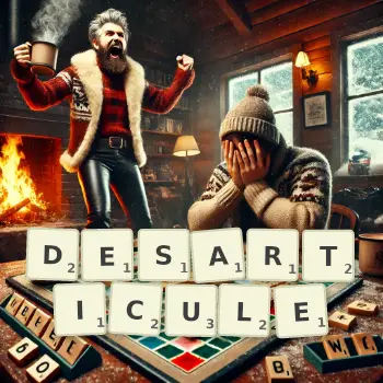 Illustration créative d'un jeu de lettres avec le mot DESARTICULE épelé sur le plateau.