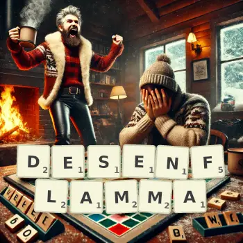 Illustration créative d'un jeu de lettres avec le mot DESENFLAMMA épelé sur le plateau.
