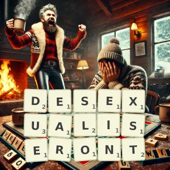 Illustration créative d'un jeu de lettres avec le mot DESEXUALISERONT épelé sur le plateau.