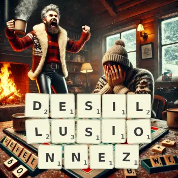 Illustration créative d'un jeu de lettres avec le mot DESILLUSIONNEZ épelé sur le plateau.