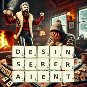 Illustration créative d'un jeu de lettres avec le mot DESINSERERAIENT épelé sur le plateau.