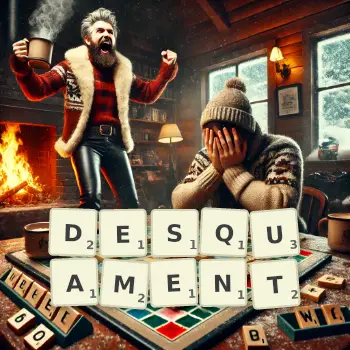 Illustration créative d'un jeu de lettres avec le mot DESQUAMENT épelé sur le plateau.