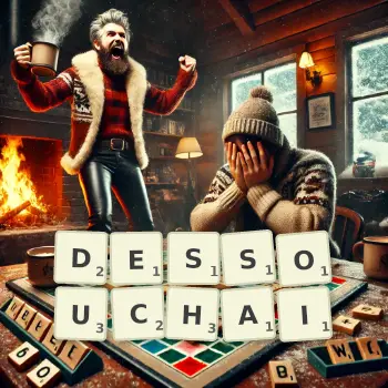Illustration créative d'un jeu de lettres avec le mot DESSOUCHAI épelé sur le plateau.