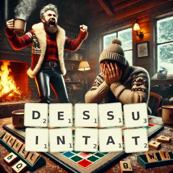 Illustration créative d'un jeu de lettres avec le mot DESSUINTAT épelé sur le plateau.