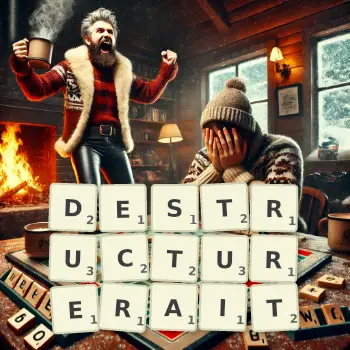 Illustration créative d'un jeu de lettres avec le mot DESTRUCTURERAIT épelé sur le plateau.