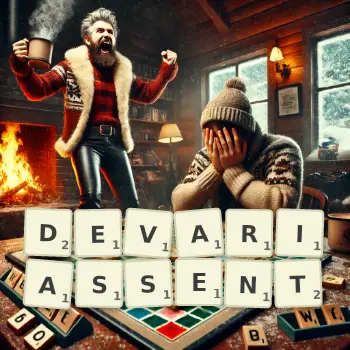 Illustration créative d'un jeu de lettres avec le mot DEVARIASSENT épelé sur le plateau.