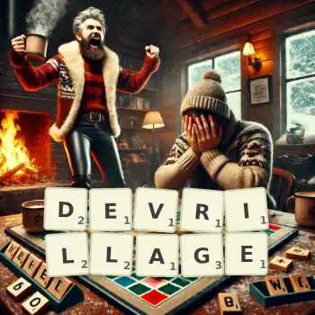 Illustration créative d'un jeu de lettres avec le mot DEVRILLAGE épelé sur le plateau.