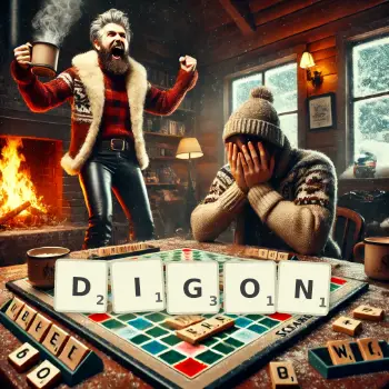 Illustration créative d'un jeu de lettres avec le mot DIGON épelé sur le plateau.