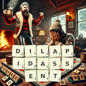 Illustration créative d'un jeu de lettres avec le mot DILAPIDASSENT épelé sur le plateau.