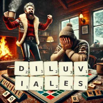 Illustration créative d'un jeu de lettres avec le mot DILUVIALES épelé sur le plateau.