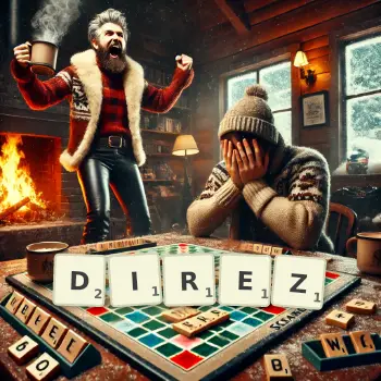 Illustration créative d'un jeu de lettres avec le mot DIREZ épelé sur le plateau.
