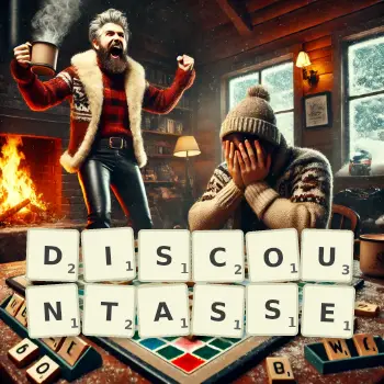 Illustration créative d'un jeu de lettres avec le mot DISCOUNTASSE épelé sur le plateau.
