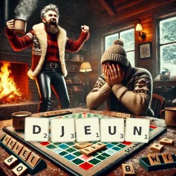 Illustration créative d'un jeu de lettres avec le mot DJEUN épelé sur le plateau.