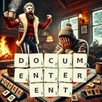 Illustration créative d'un jeu de lettres avec le mot DOCUMENTERENT épelé sur le plateau.